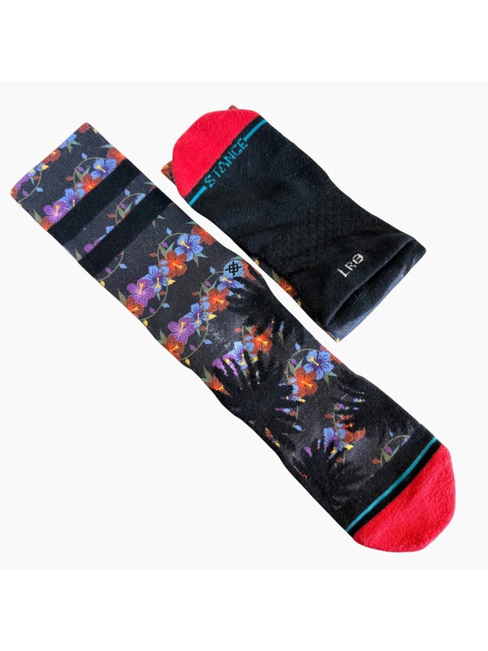 Stance Island Lights Floral Crew Socks Men's Large NWOT Black Tropical Hibiscus